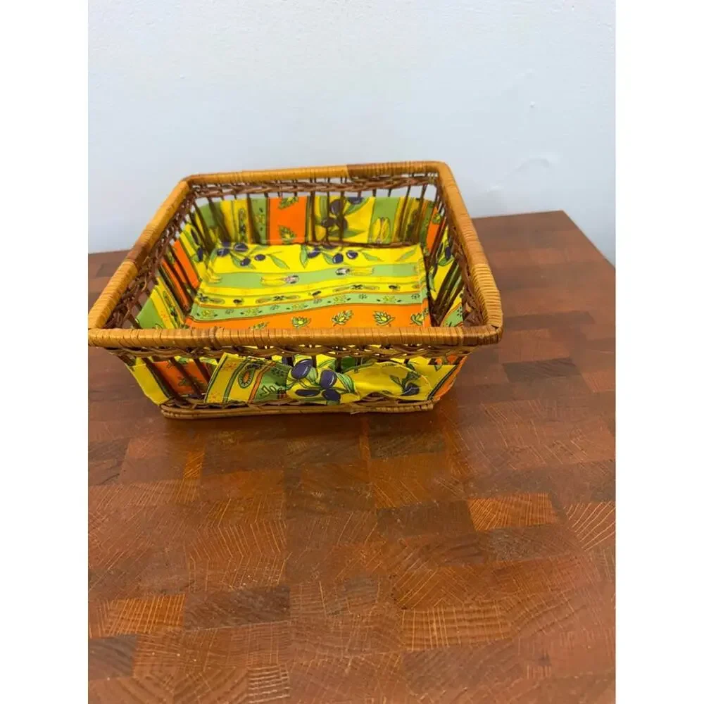 Vintage Woven Wicker Basket Lined with Colorful Fabric with Olive Motif